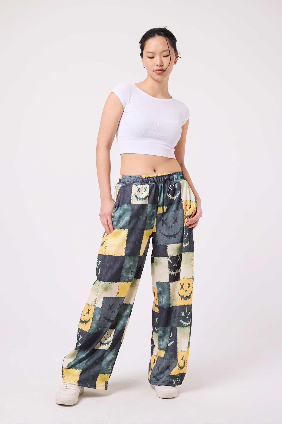 Baggy Sporty Printed Crinkle Pants - Yellow - MEXICO SUPERBLUE