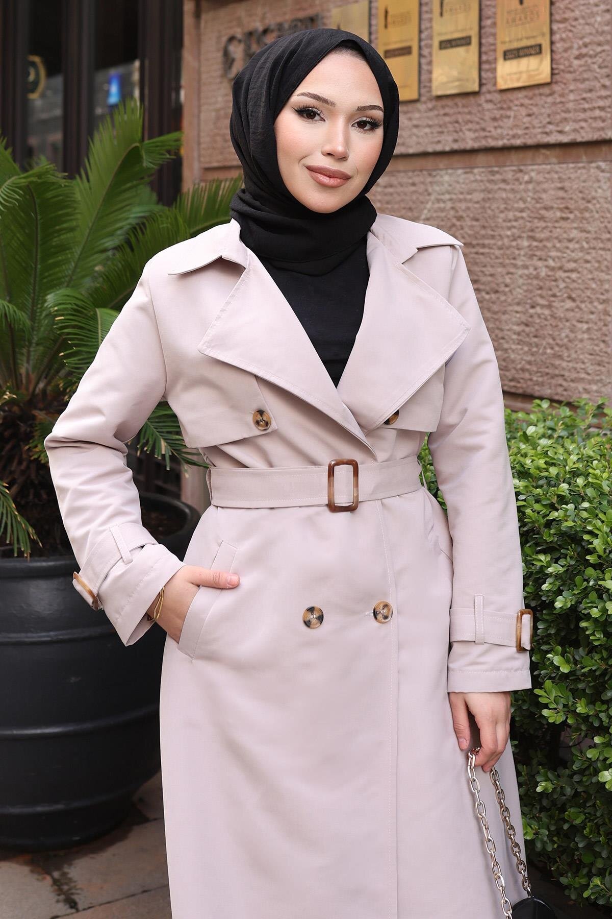 Buttoned Belted Trench Coat - Beige - Modamihram