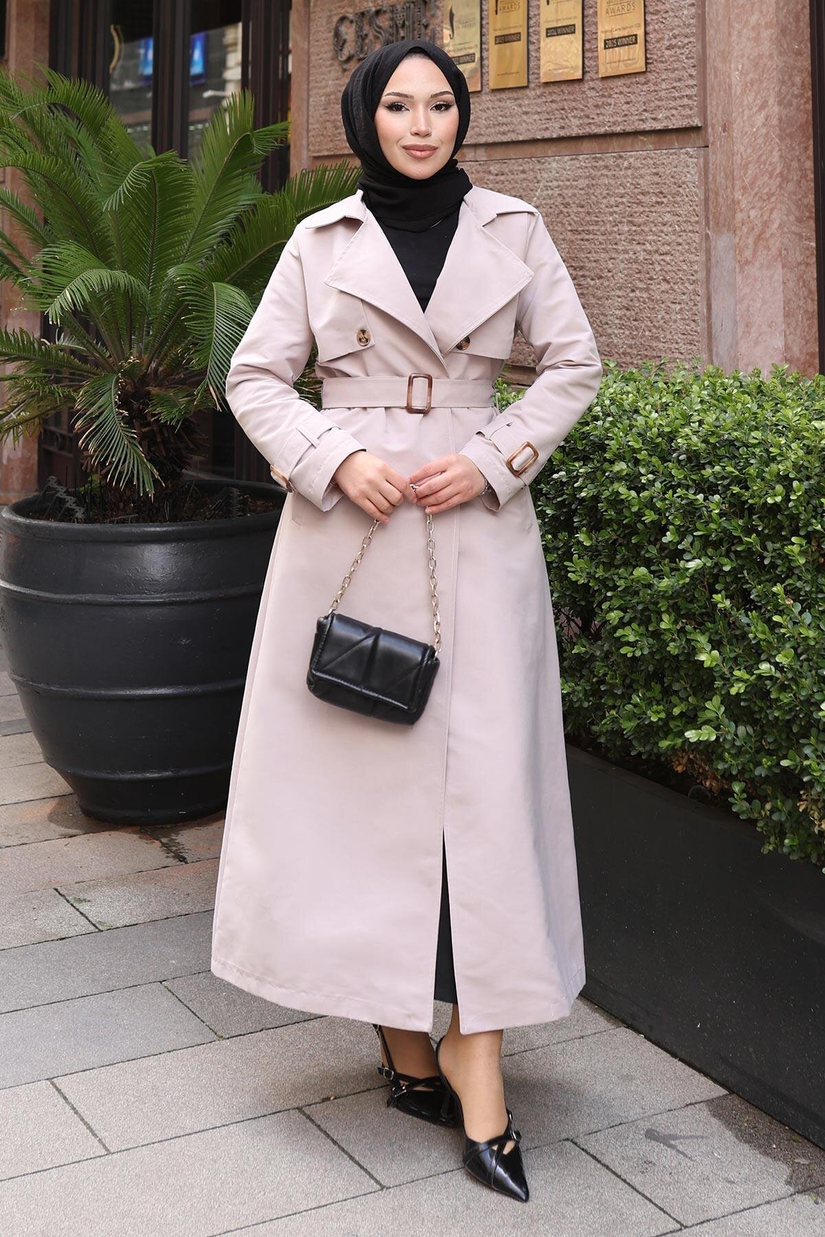 Buttoned Belted Trench Coat - Beige - Modamihram