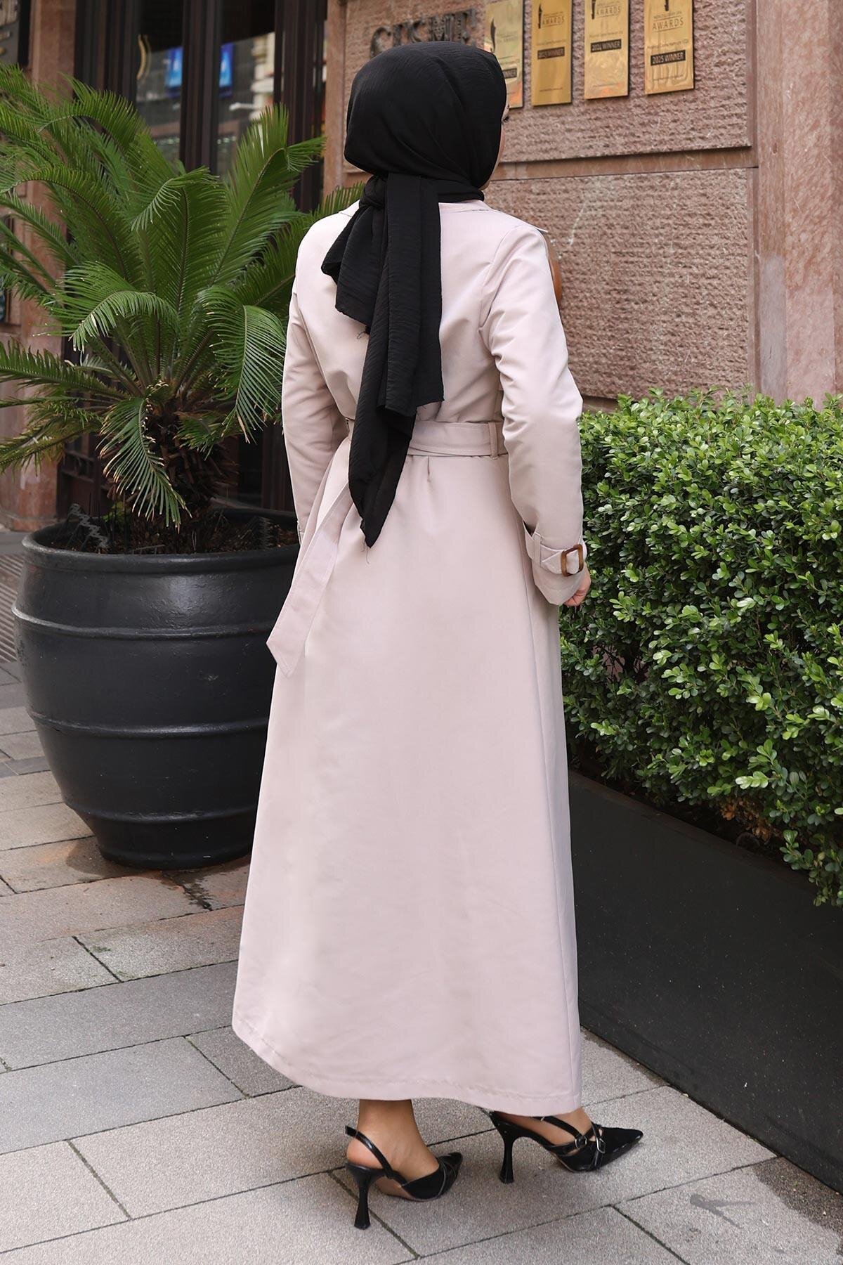 Buttoned Belted Trench Coat - Beige - Modamihram