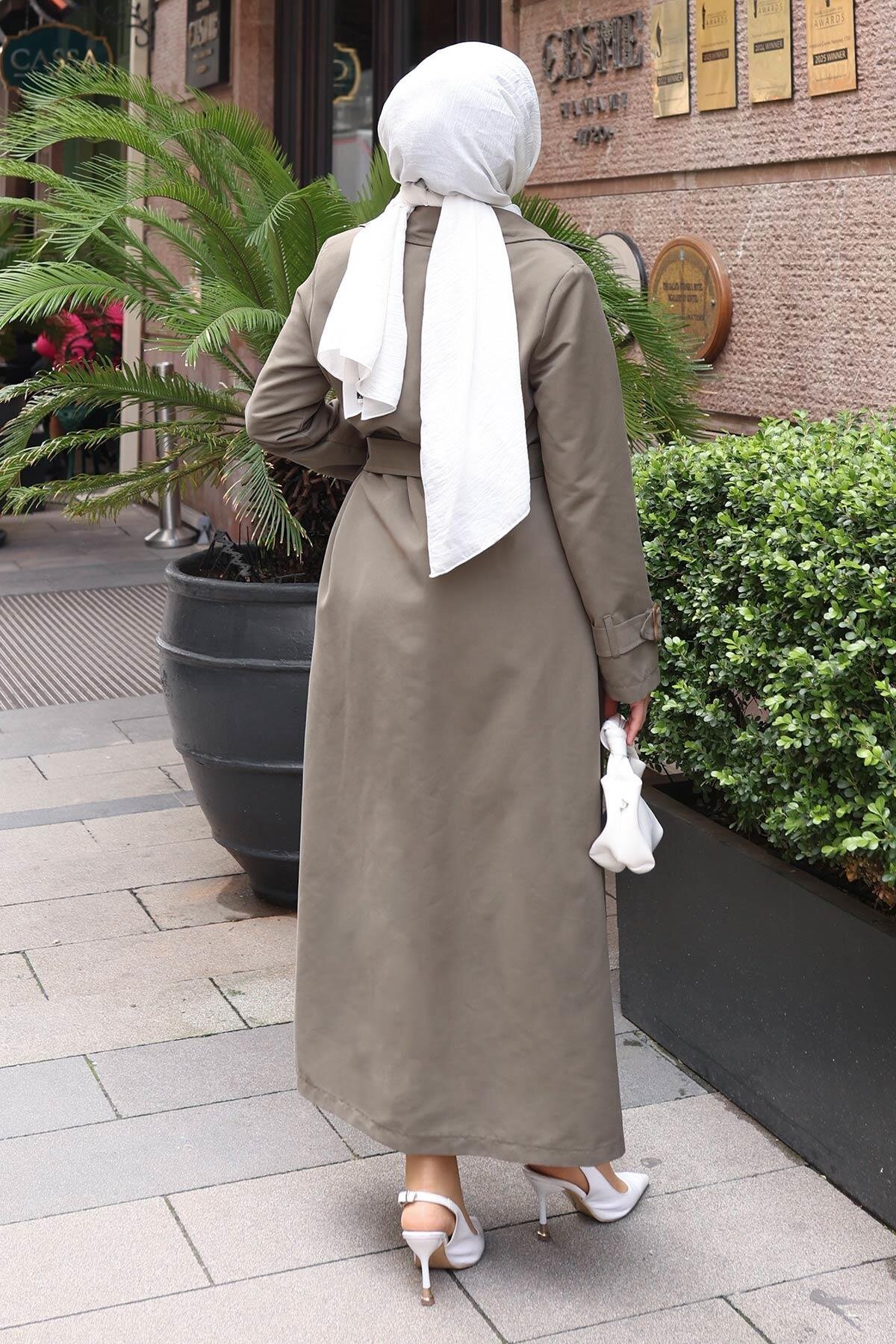 Buttoned Belted Trench Coat - Khaki - Modamihram