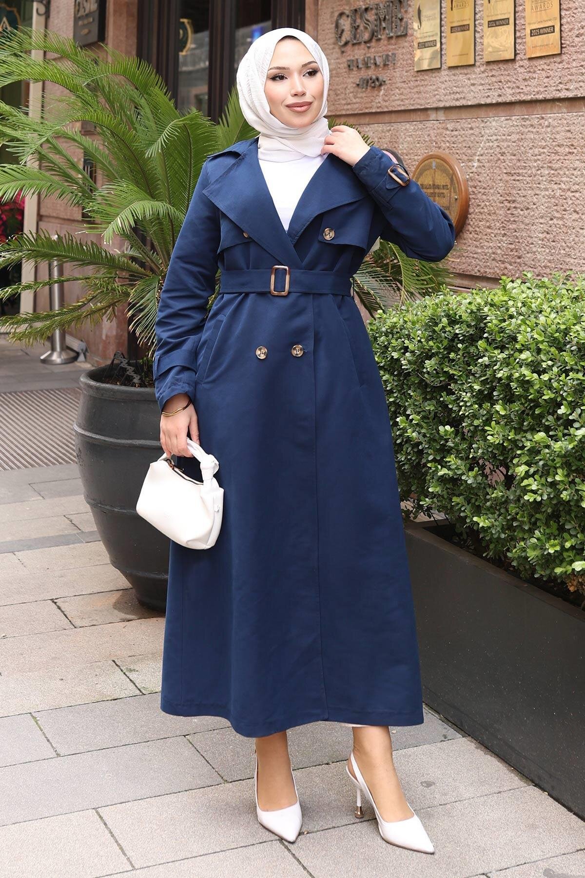 Buttoned Belted Trench Coat - Indigo - Modamihram