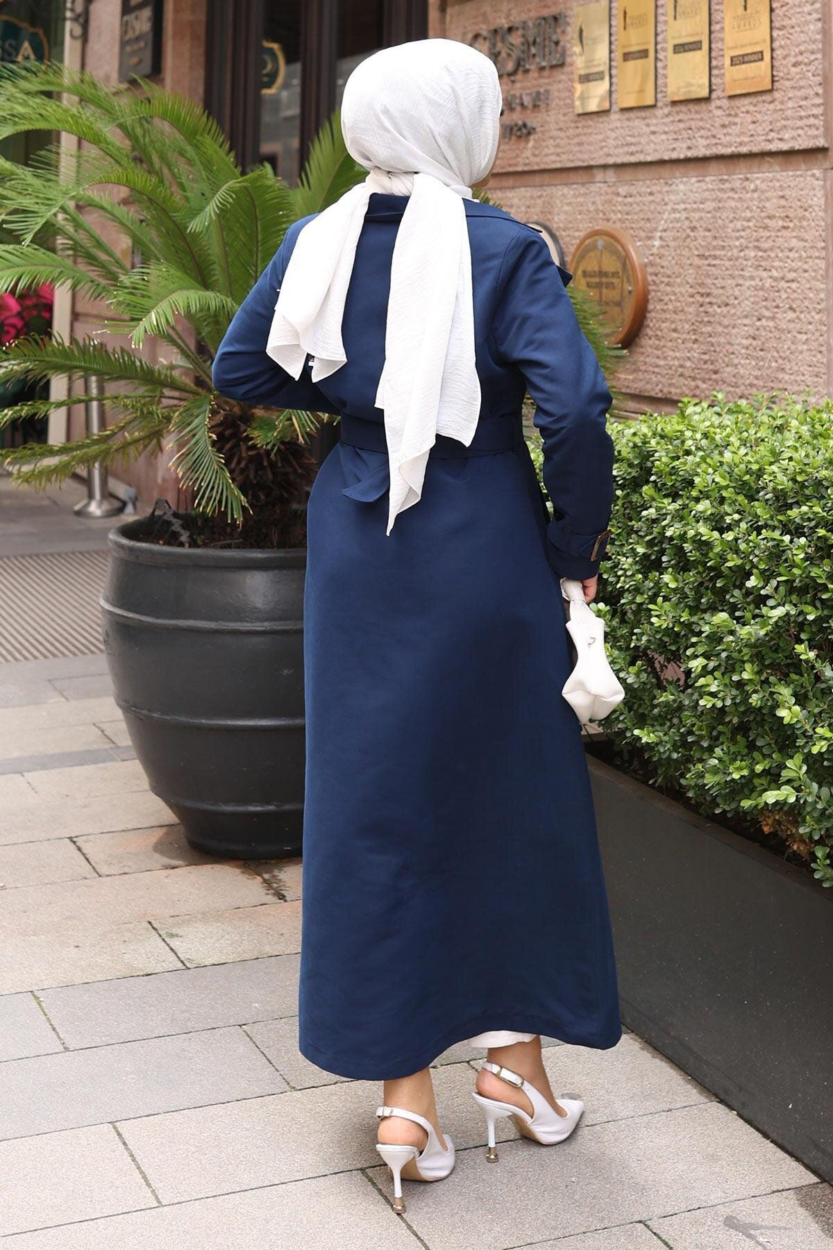Buttoned Belted Trench Coat - Indigo - Modamihram