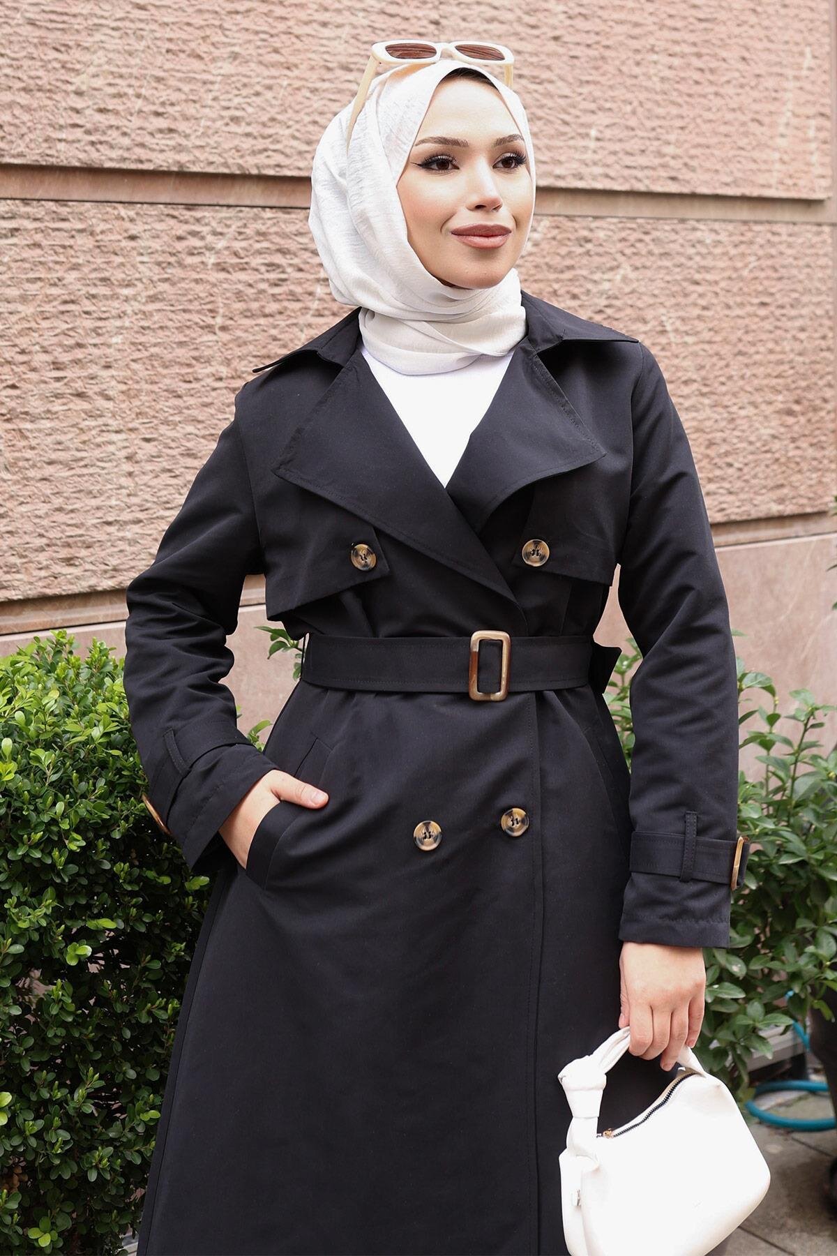 Buttoned Belted Trench Coat - Black - Modamihram