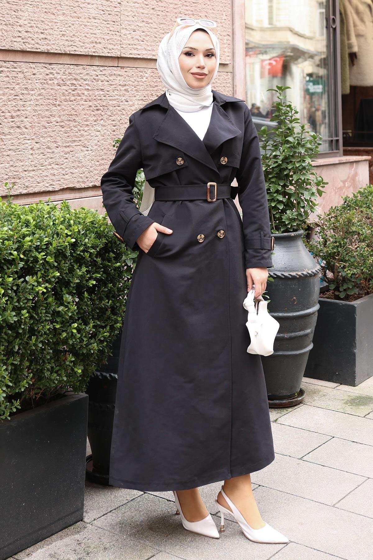 Buttoned Belted Trench Coat - Black - Modamihram