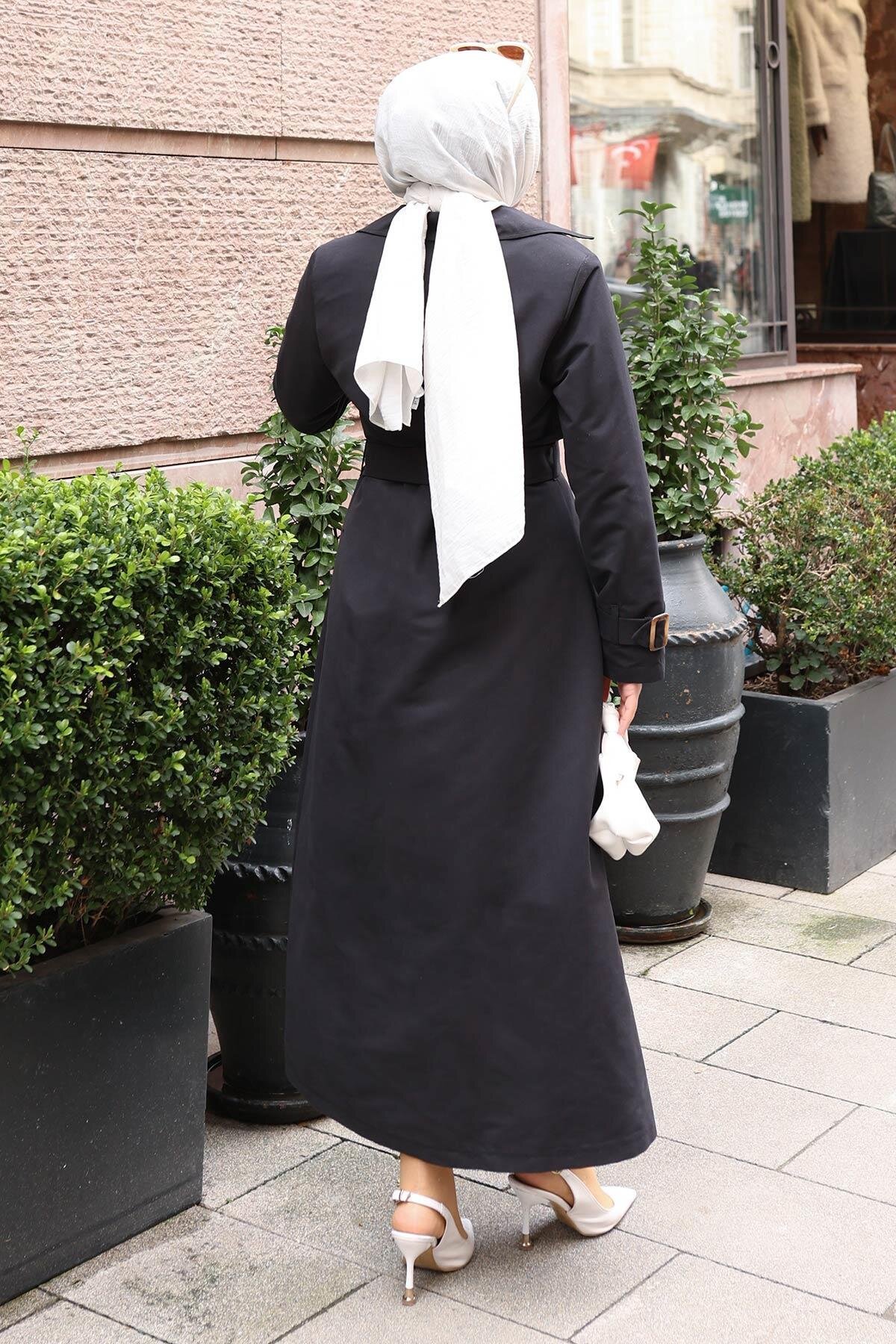 Buttoned Belted Trench Coat - Black - Modamihram