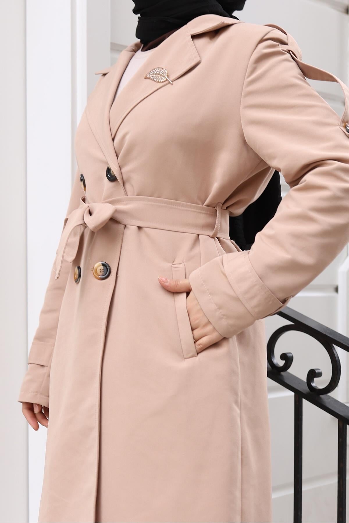 Buttoned Brooch Detail Trench Coat - Mink - Modamihram
