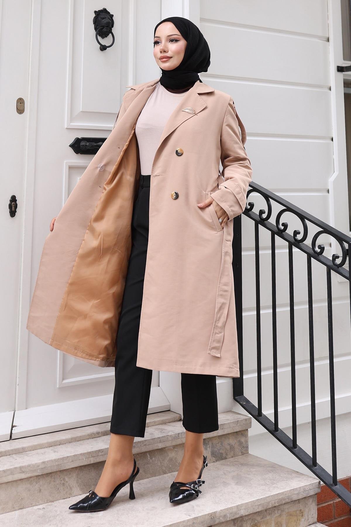 Buttoned Brooch Detail Trench Coat - Mink - Modamihram