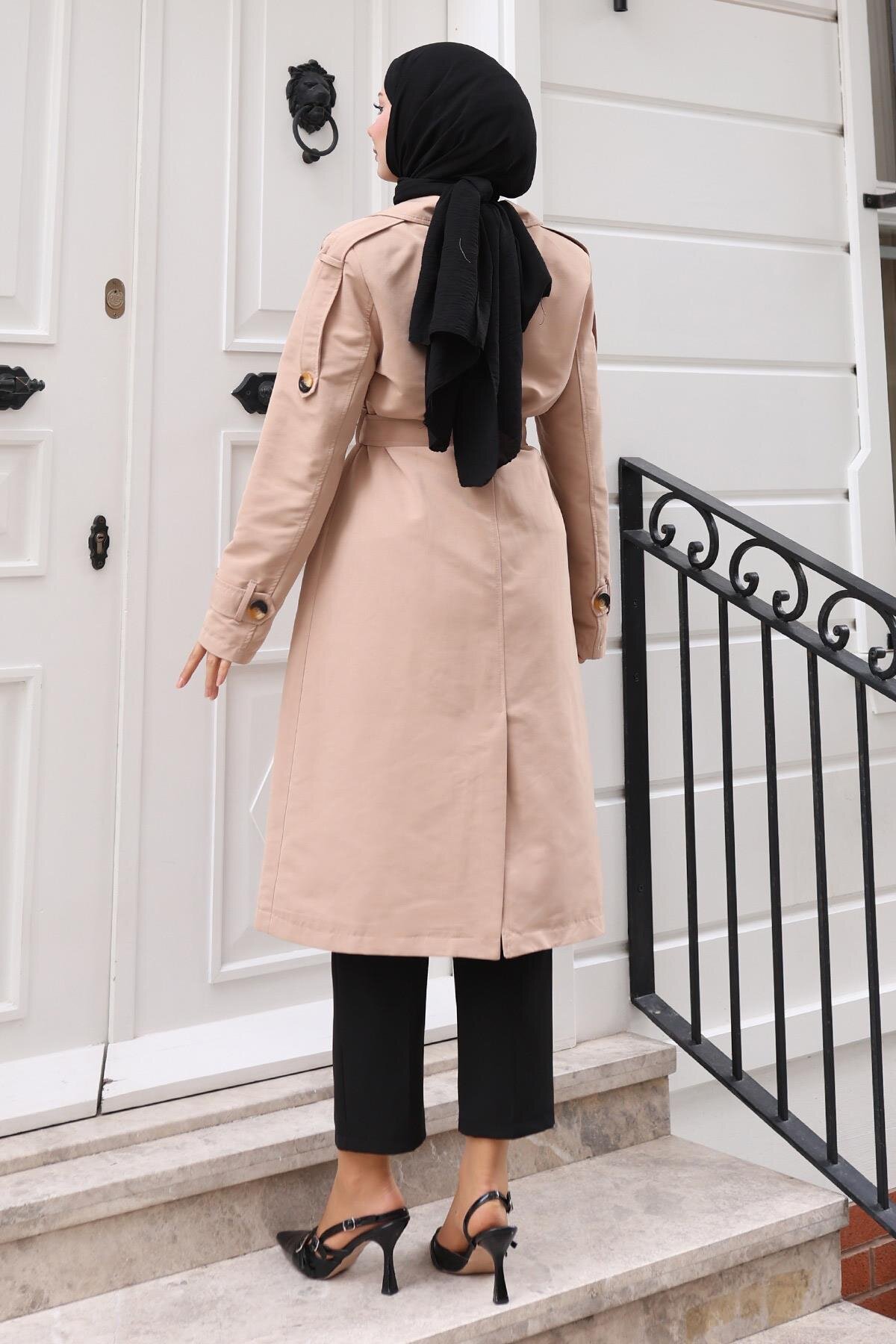 Buttoned Brooch Detail Trench Coat - Mink - Modamihram
