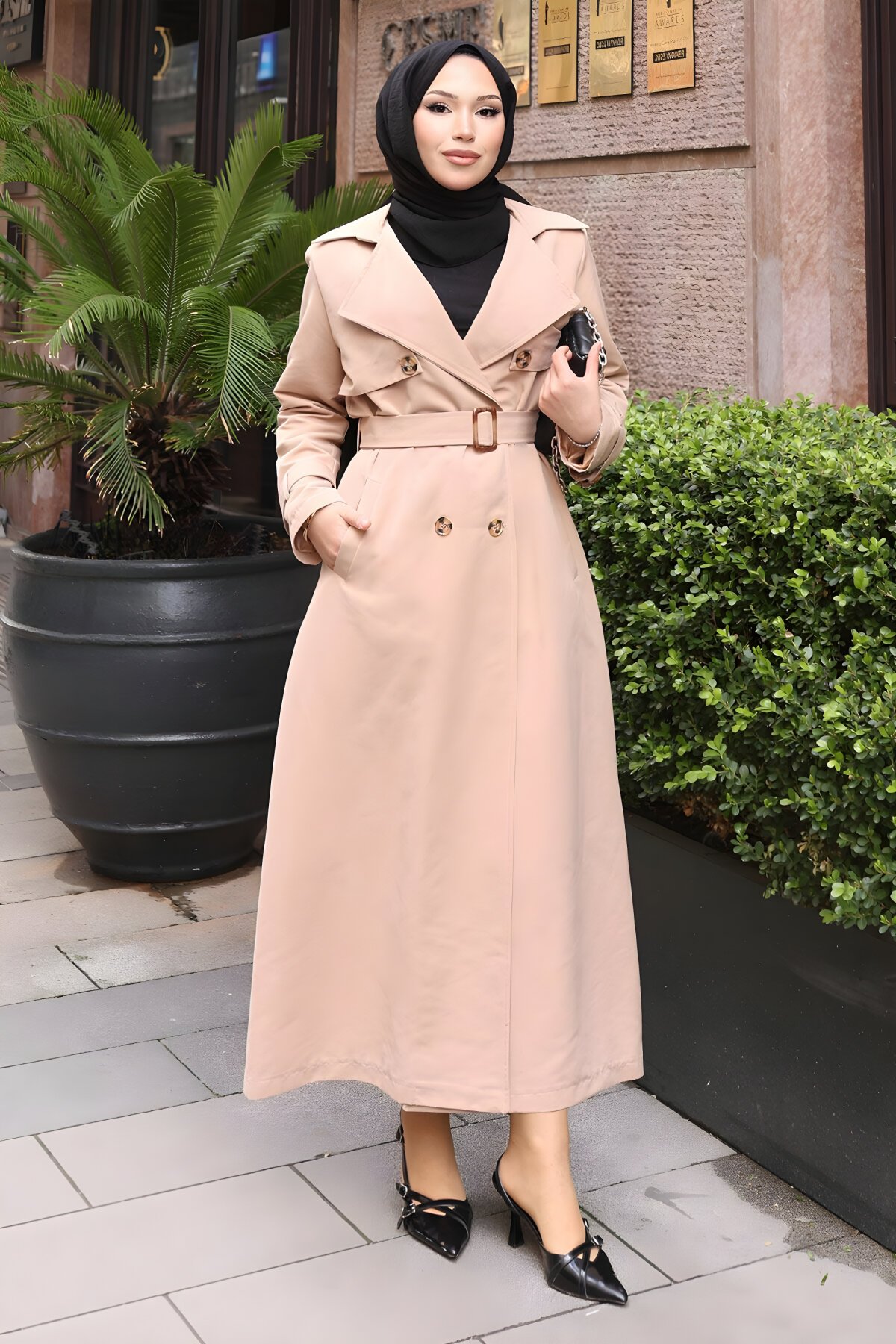 Buttoned Belted Trench Coat - Mink - Modamihram