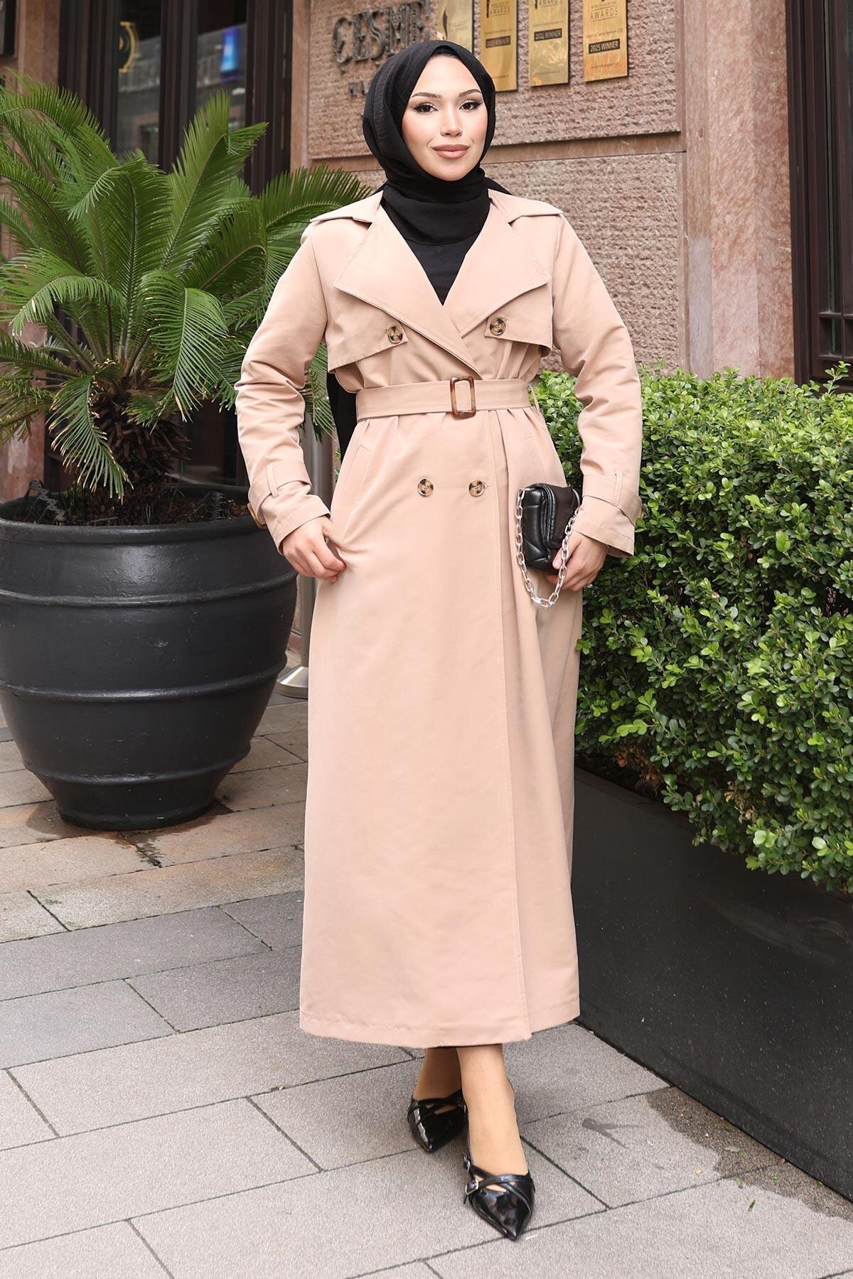 Buttoned Belted Trench Coat - Mink - Modamihram
