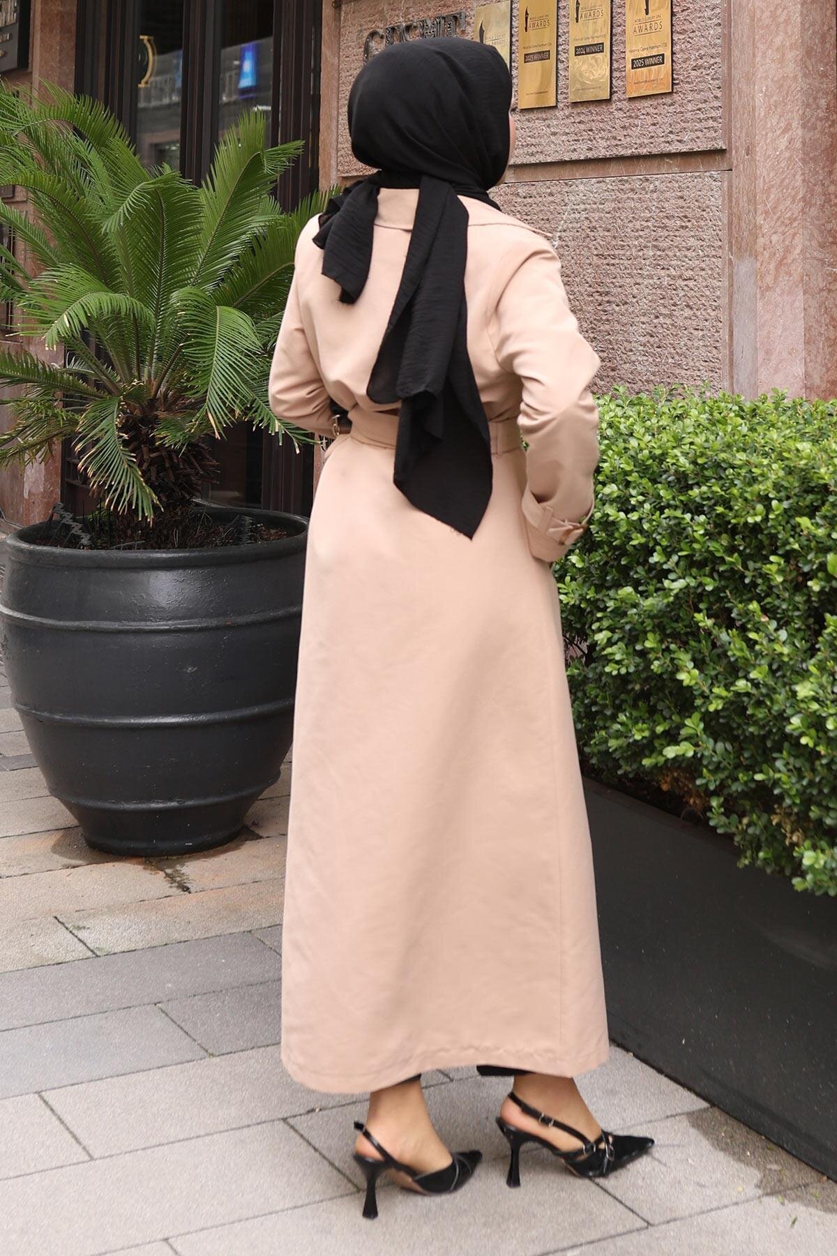 Buttoned Belted Trench Coat - Mink - Modamihram