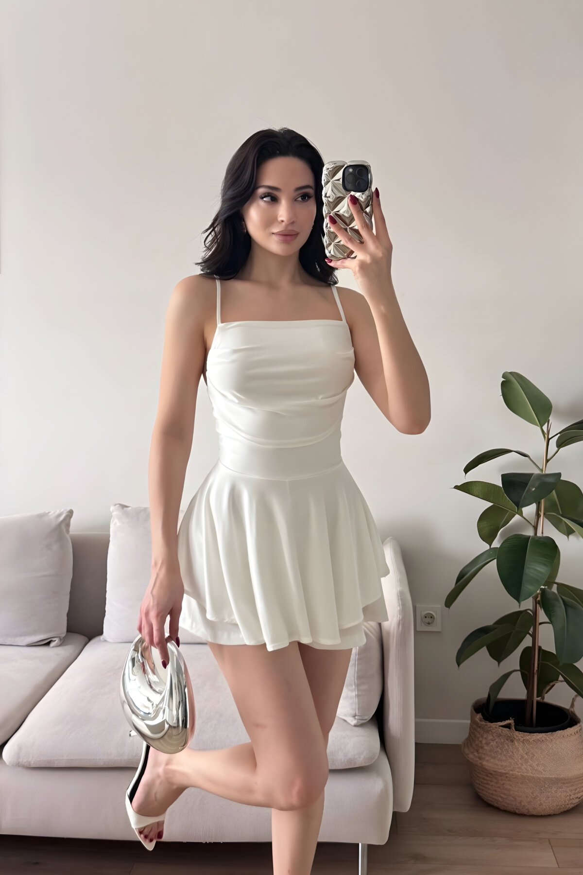 Mini Strappy Skort Dress - White - MOZENA