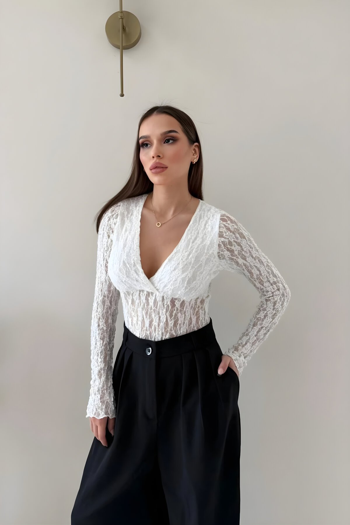 Surplice Neck Lace Bodysuit - White - MOZENA