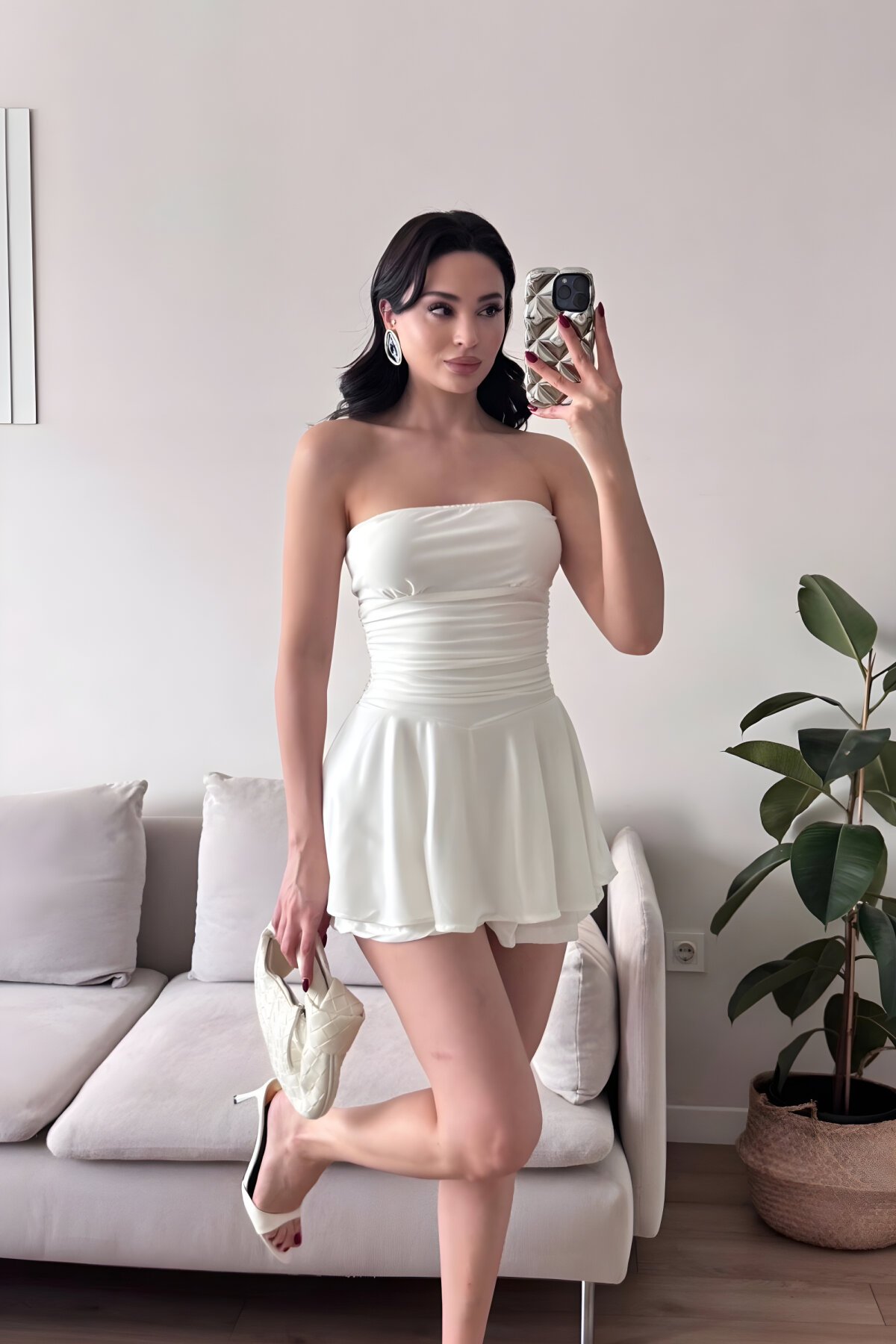 Mini Strapless Skort Dress - White - MOZENA