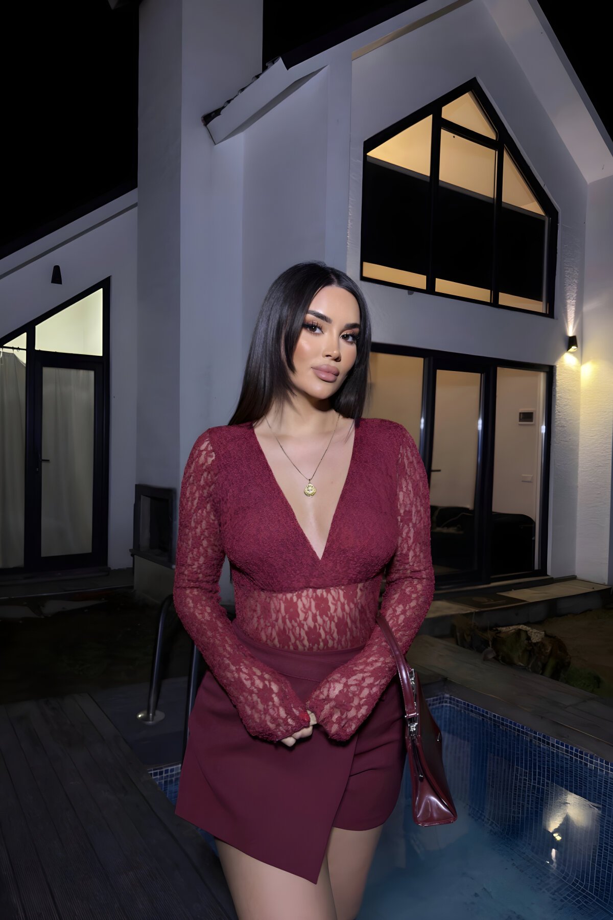 V-Neck Lace Bodysuit - Burgundy - MOZENA