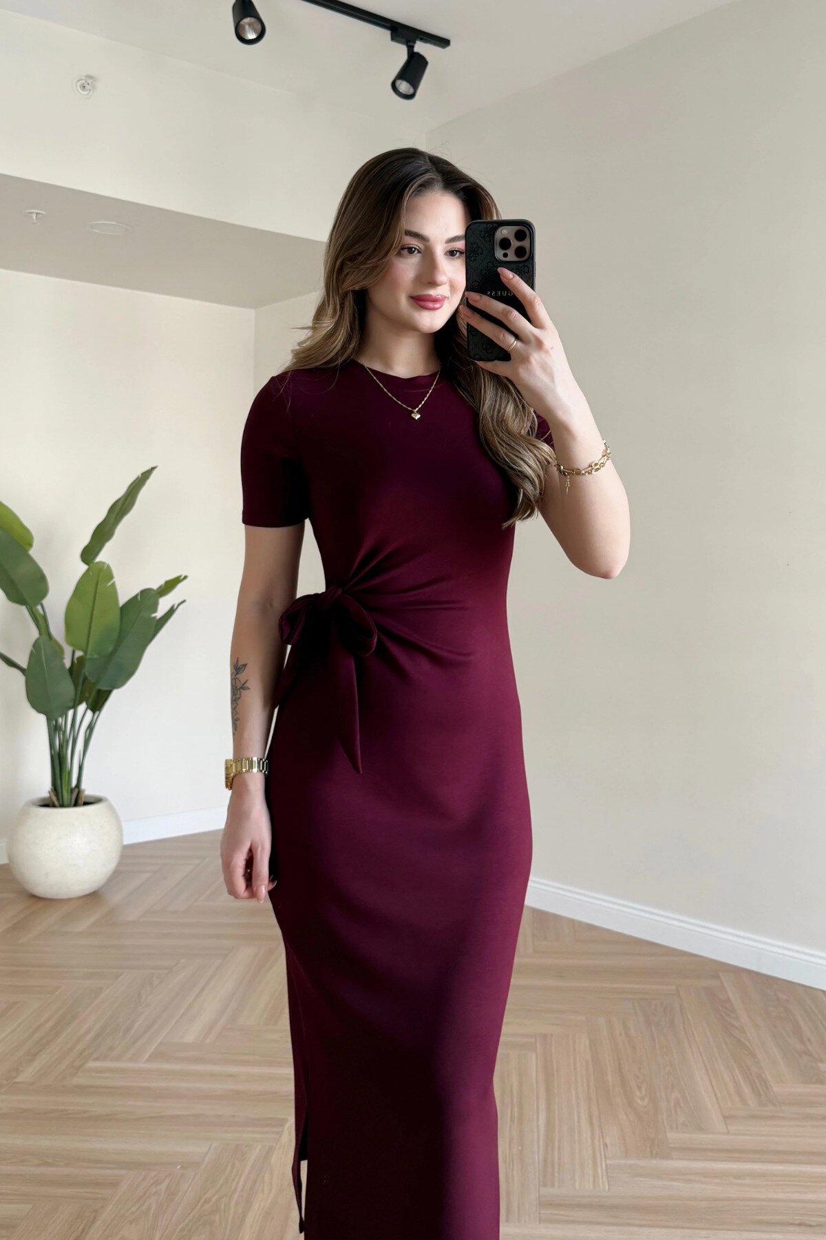 Midi Modal Side Slit Tie-Detail Dress - Burgundy - MOZENA