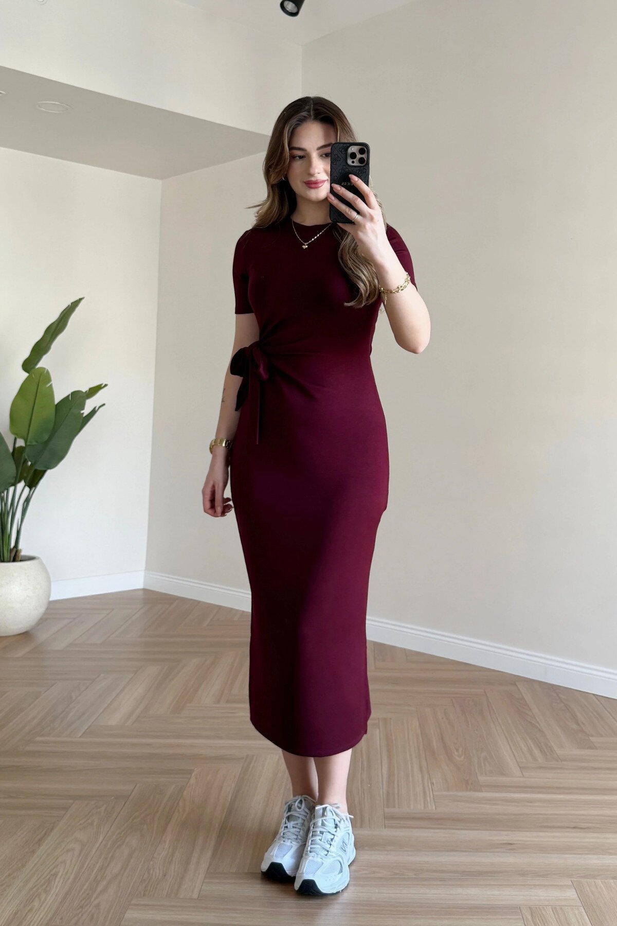 Midi Modal Side Slit Tie-Detail Dress - Burgundy - MOZENA