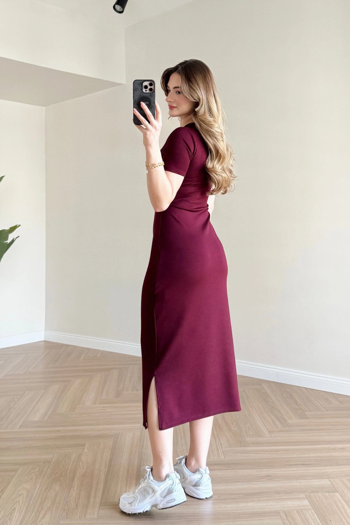 Midi Modal Side Slit Tie-Detail Dress - Burgundy - MOZENA