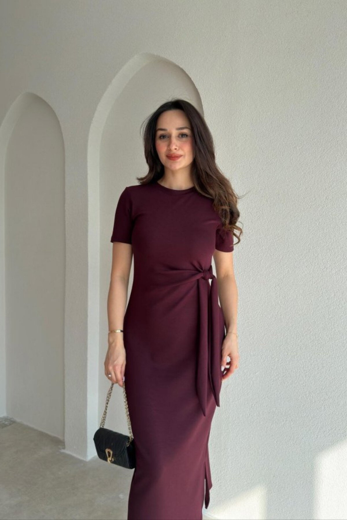 Midi Modal Side Slit Tie Detail Dress - Burgundy - MOZENA
