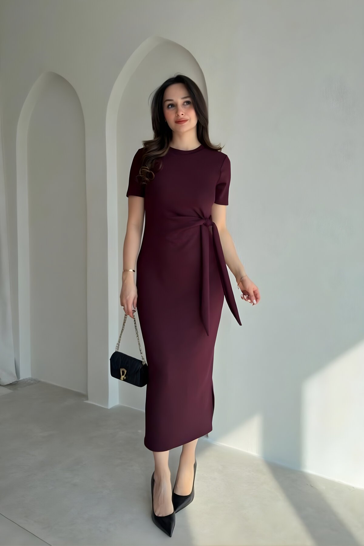 Bordo Modal Midi Yan Yırtmaçlı Bağlama Detaylı Elbise - MOZENA