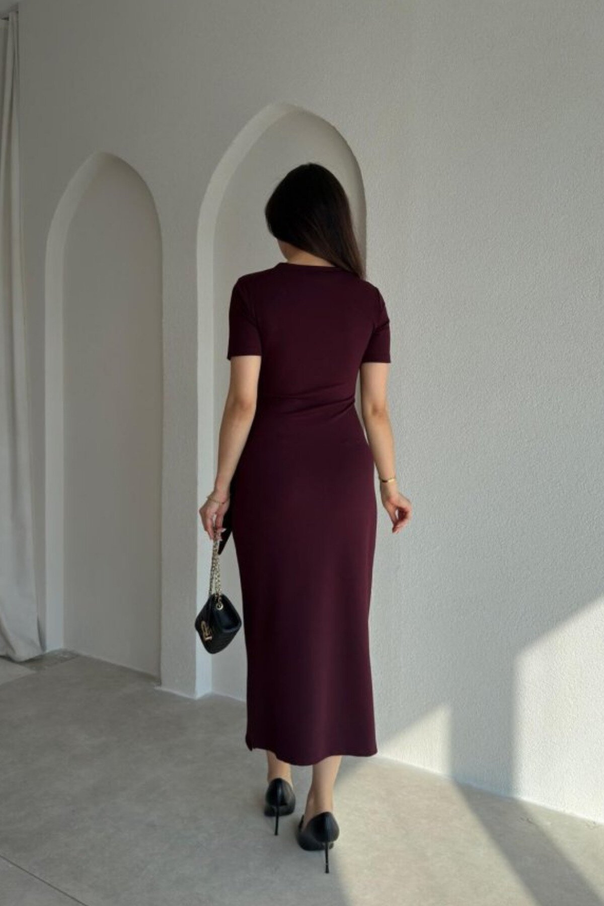 Midi Modal Side Slit Tie Detail Dress - Burgundy - MOZENA
