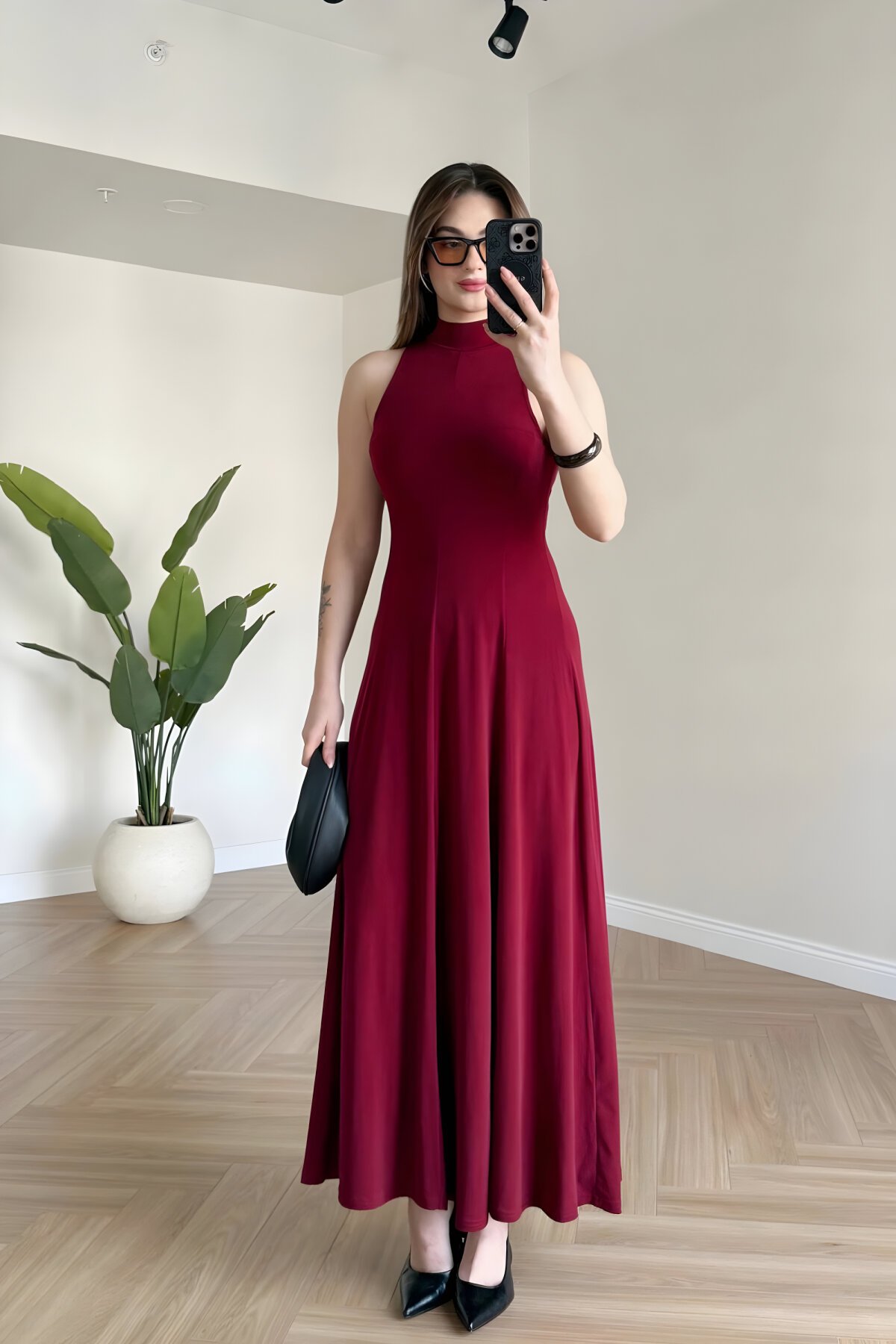 Long Flowy Sleeveless Mock Neck Dress - Burgundy - MOZENA