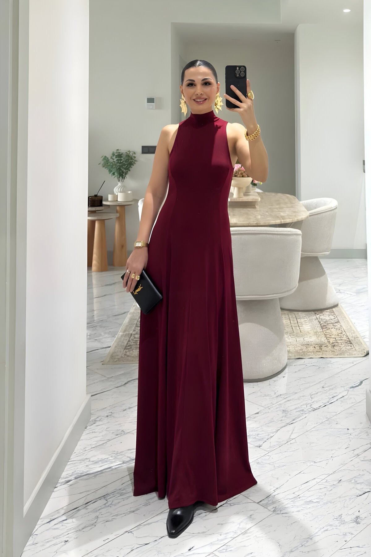 Long Flowy Sleeveless High Neck Dress - Burgundy - MOZENA