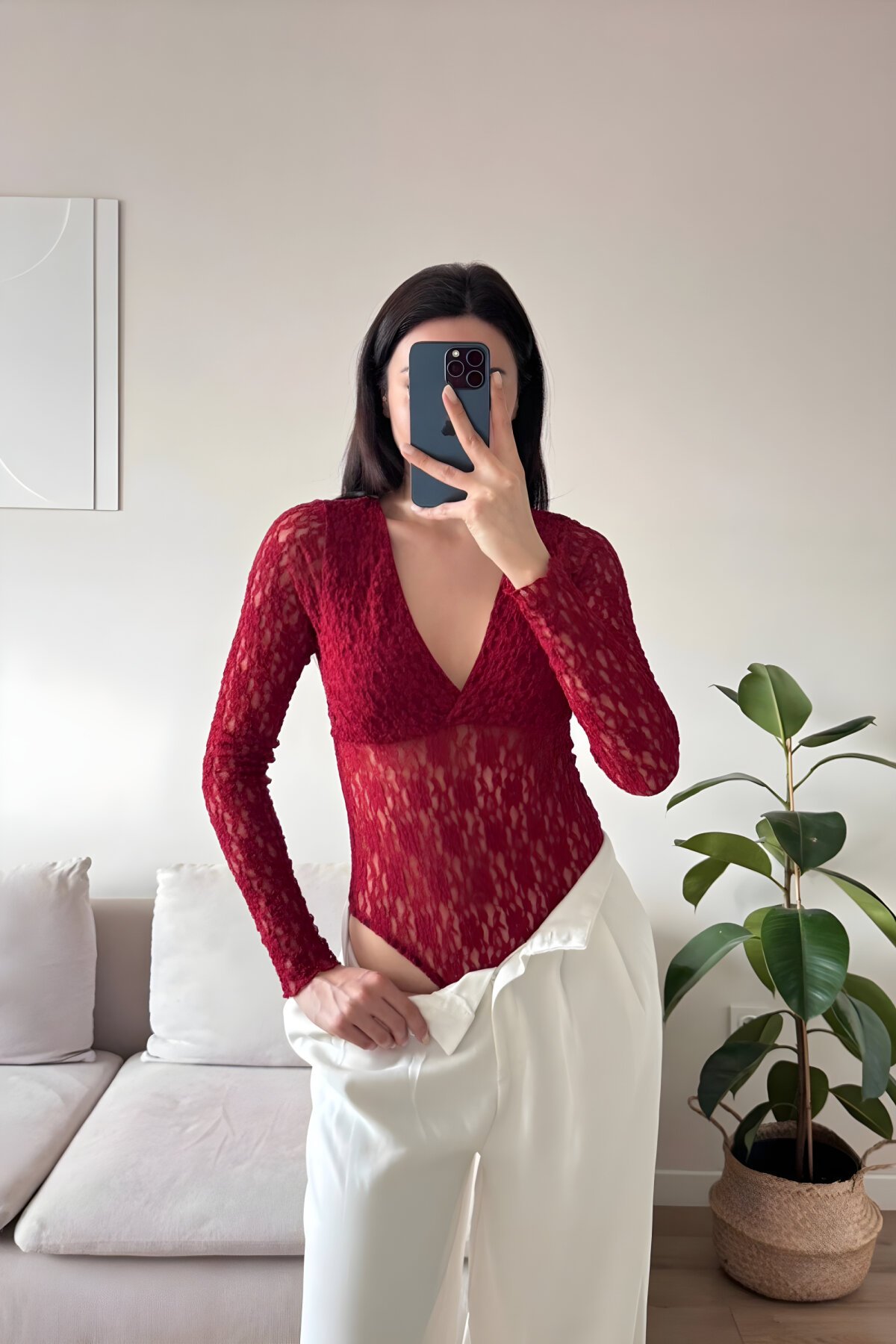 V-Neck Lace Bodysuit - Burgundy - MOZENA