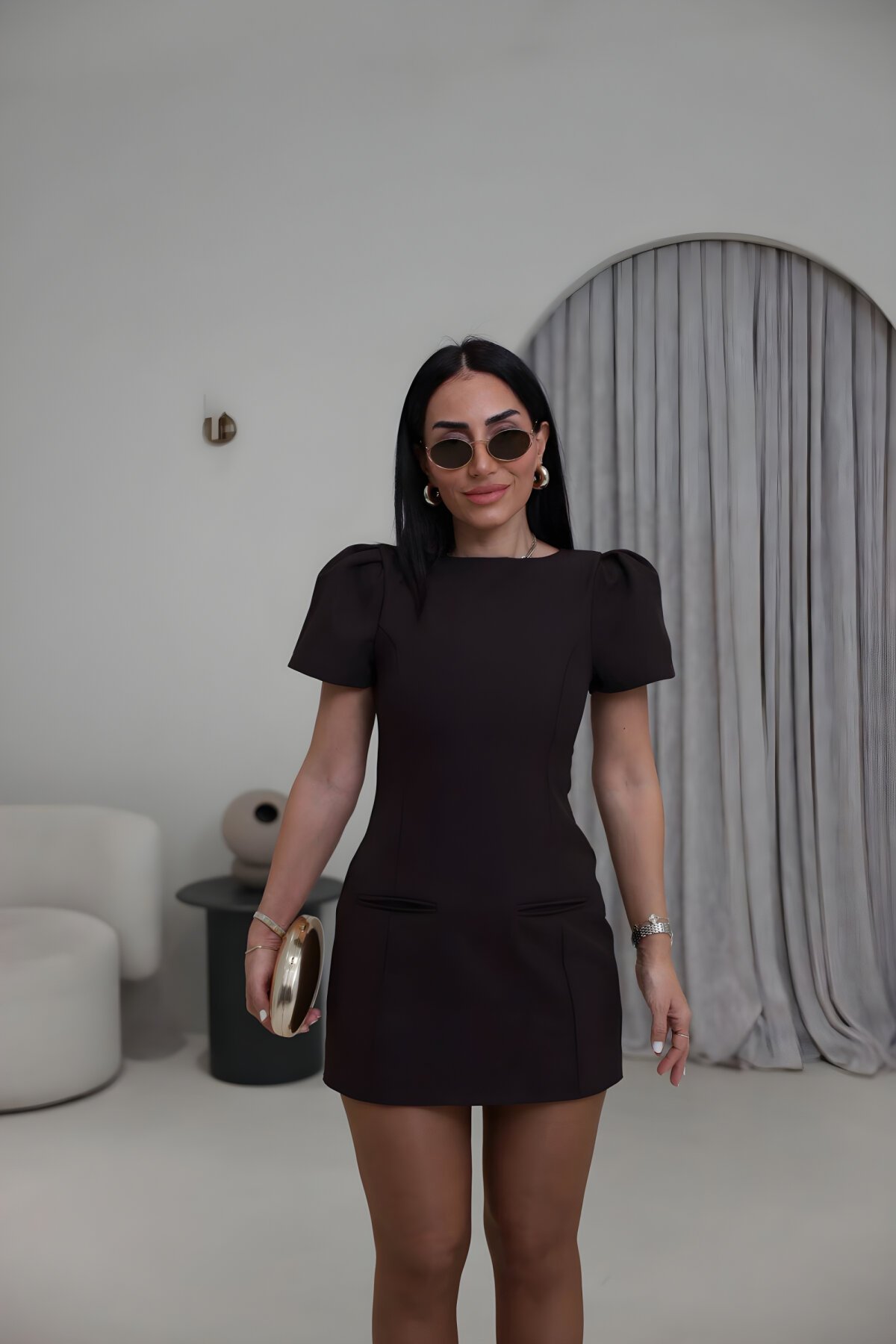 Mini Balloon Sleeve Pocket Detail Dress - Brown - MOZENA