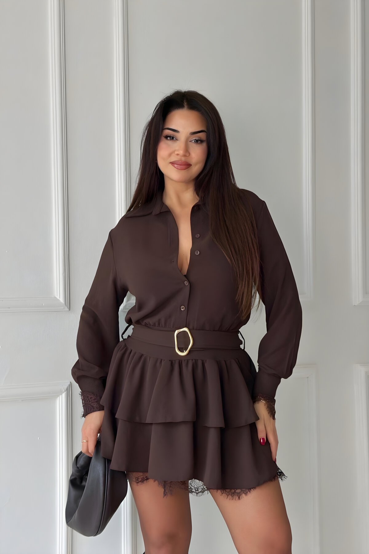 Mini Tiered Lace-Detail Shirt Dress - Brown - MOZENA
