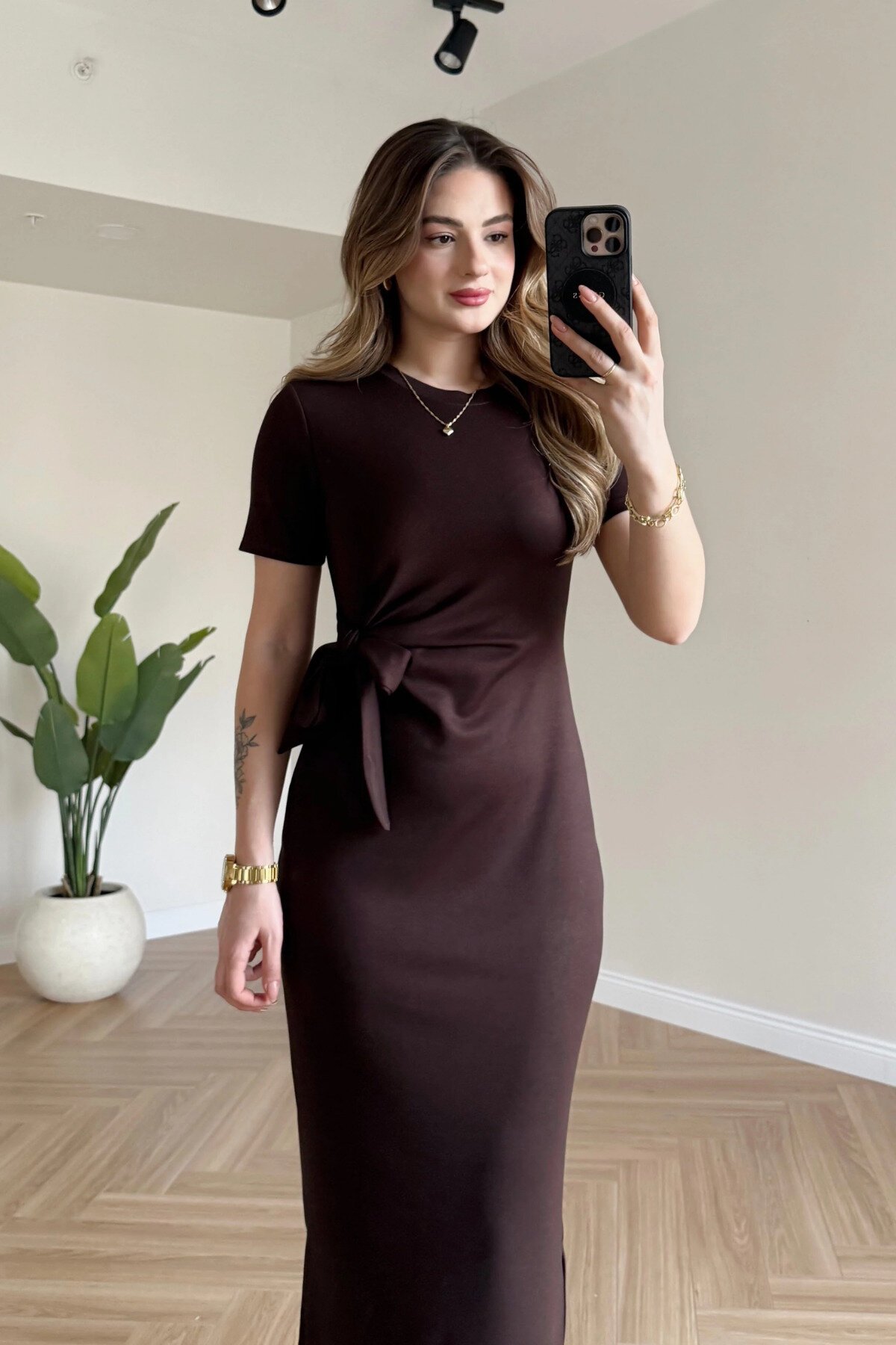 Midi Modal Side Slit Dress - Brown - MOZENA