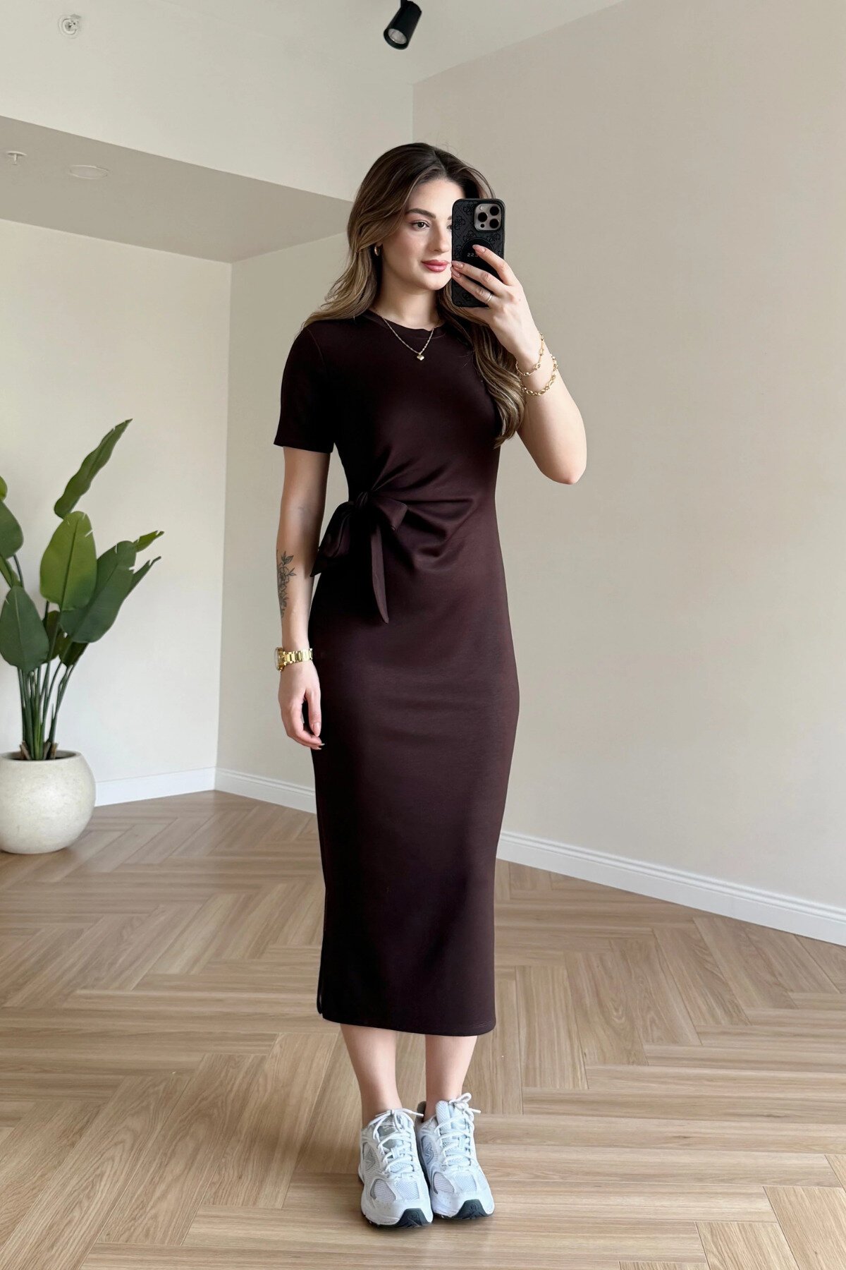 Midi Modal Side Slit Dress - Brown - MOZENA