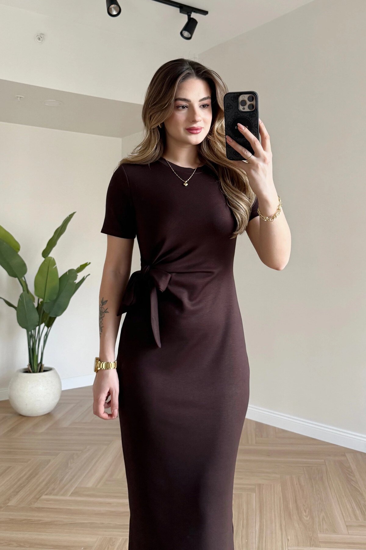 Midi Modal Side Slit Dress - Brown - MOZENA