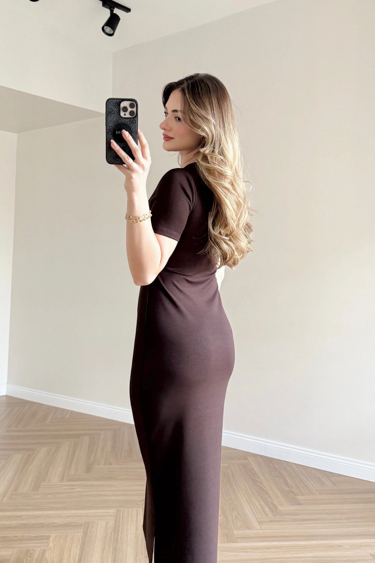 Midi Modal Side Slit Dress - Brown - MOZENA