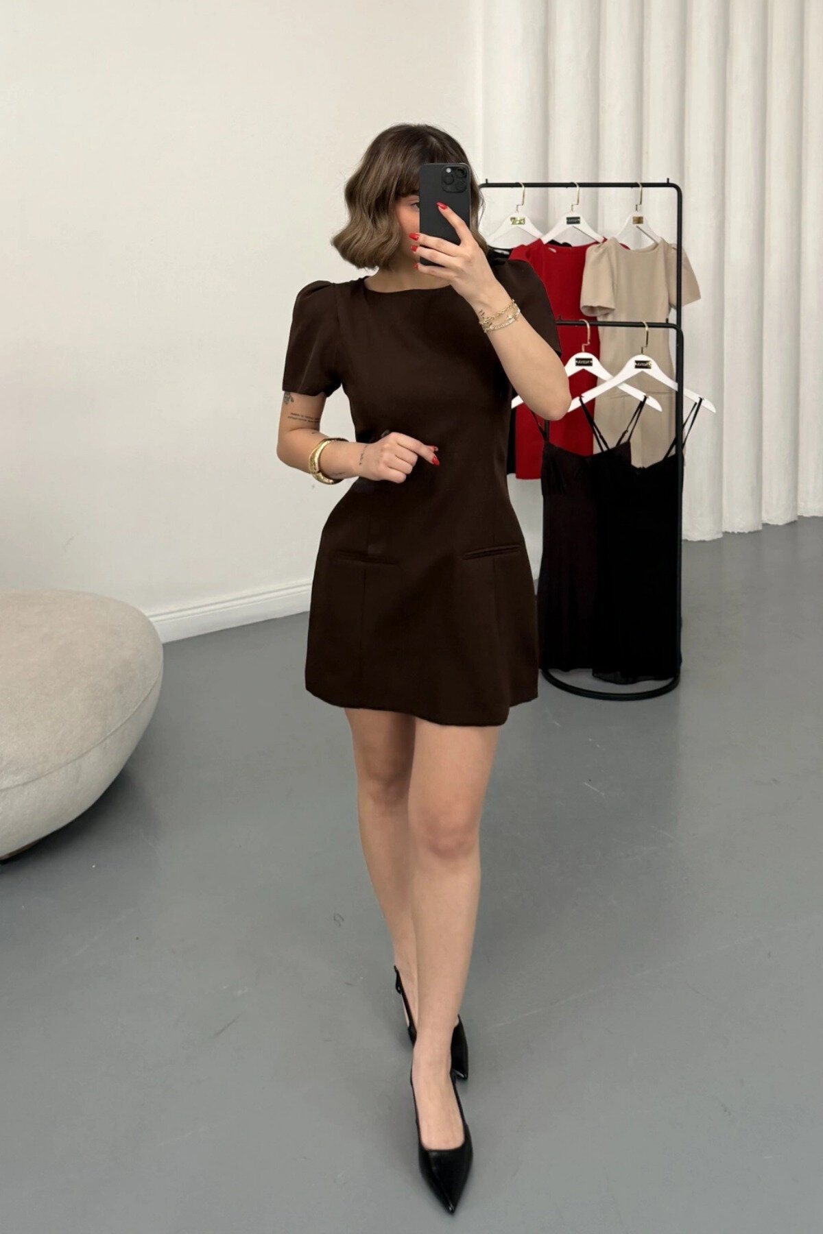 Mini Puff Sleeve Pocket Detail Dress - Brown - MOZENA