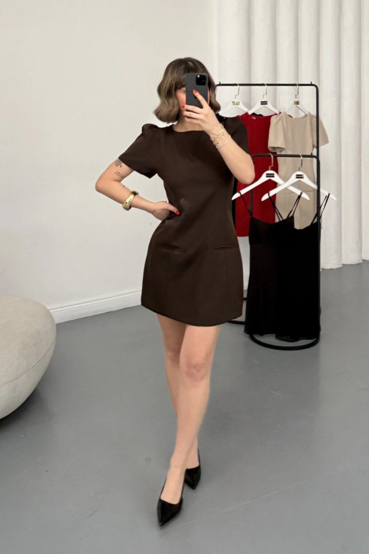 Mini Puff Sleeve Pocket Detail Dress - Brown - MOZENA