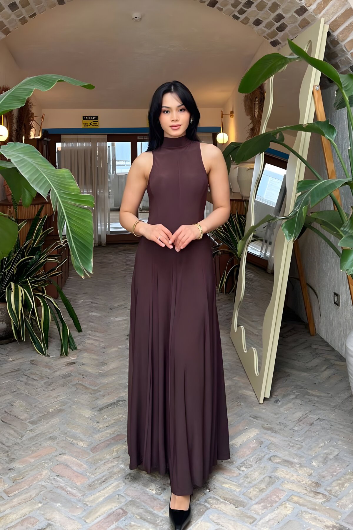 Long Flowy Turtleneck Evening Dress - Brown - MOZENA