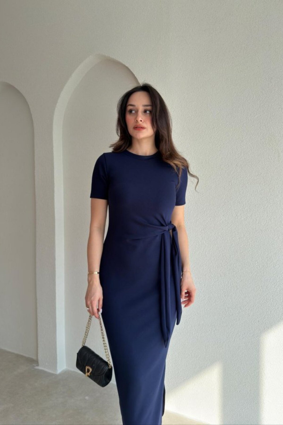 Midi Modal Tie-Detail Side Slit Dress - Navy Blue - MOZENA