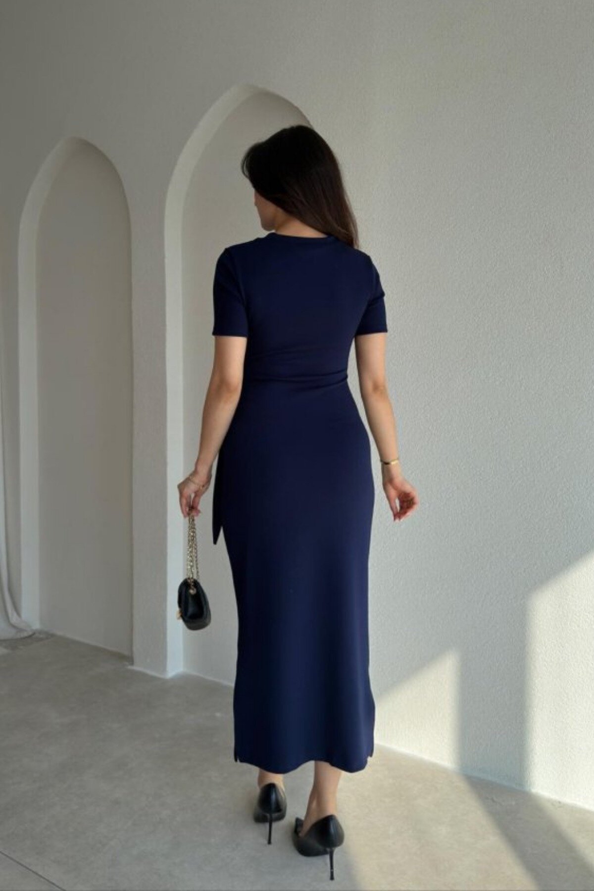 Midi Modal Tie-Detail Side Slit Dress - Navy Blue - MOZENA