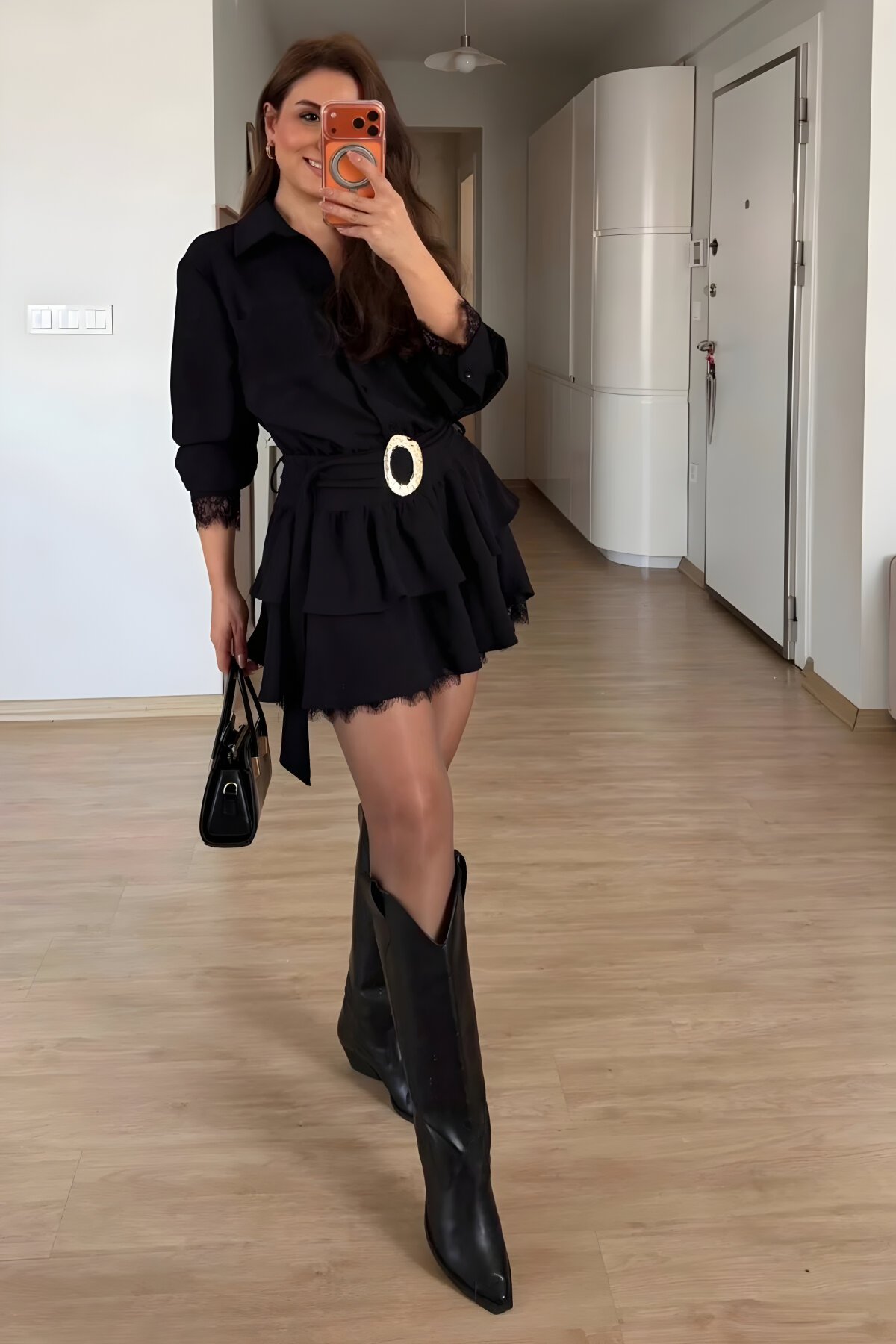 Mini Shirt Lace Chiffon Gold Belted Dress - Black - MOZENA