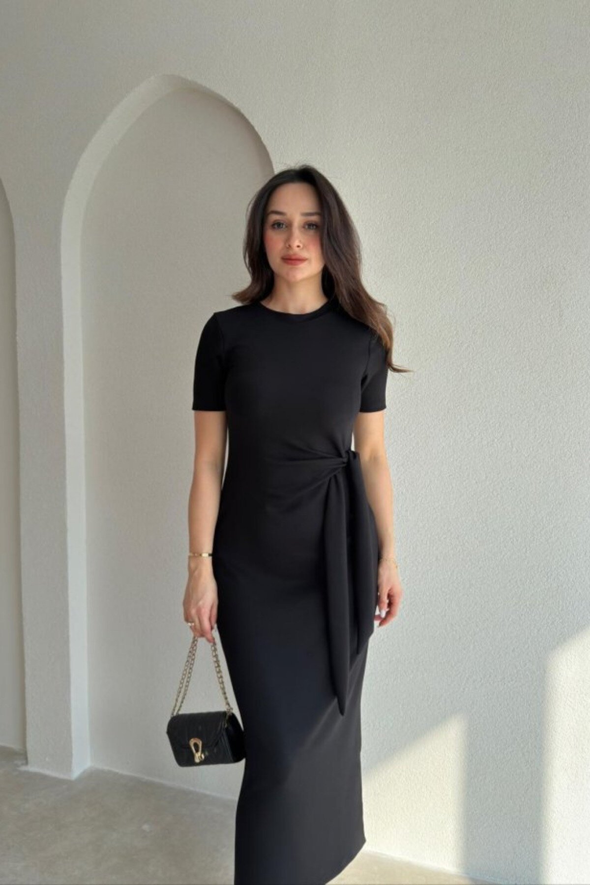 Midi Side Slit Tie Detail Dress - Black - MOZENA
