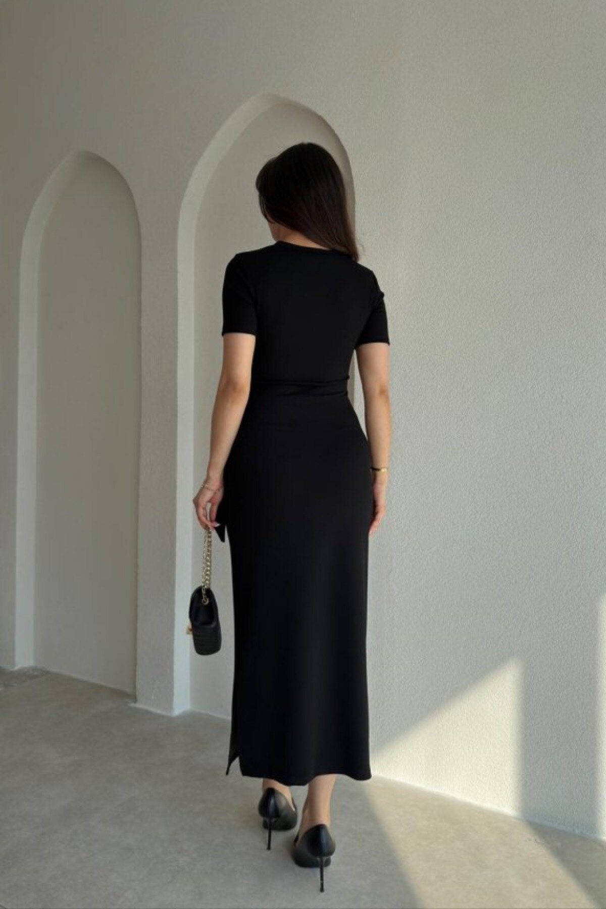 Midi Side Slit Tie Detail Dress - Black - MOZENA