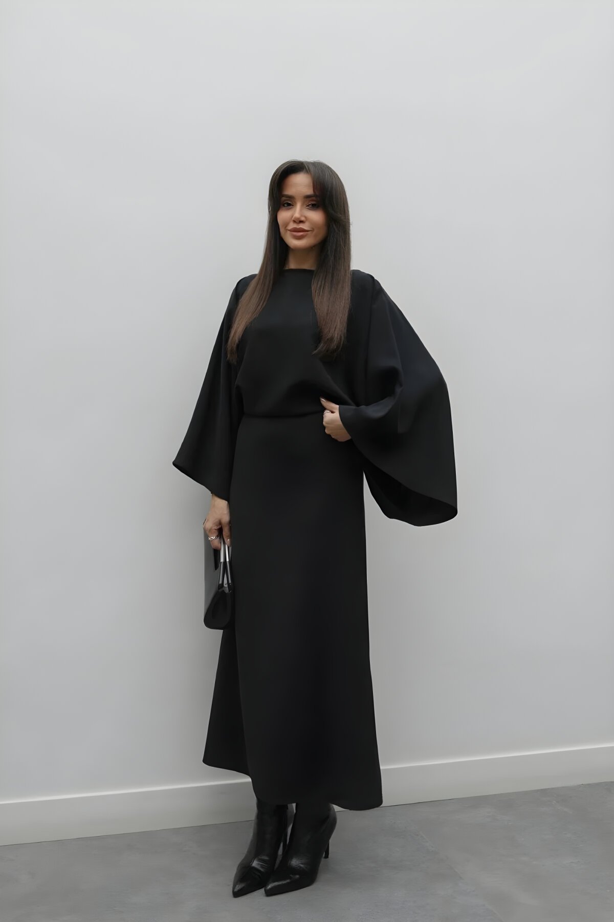 Midi Batwing Sleeve Boat Neck Dress - Black - MOZENA