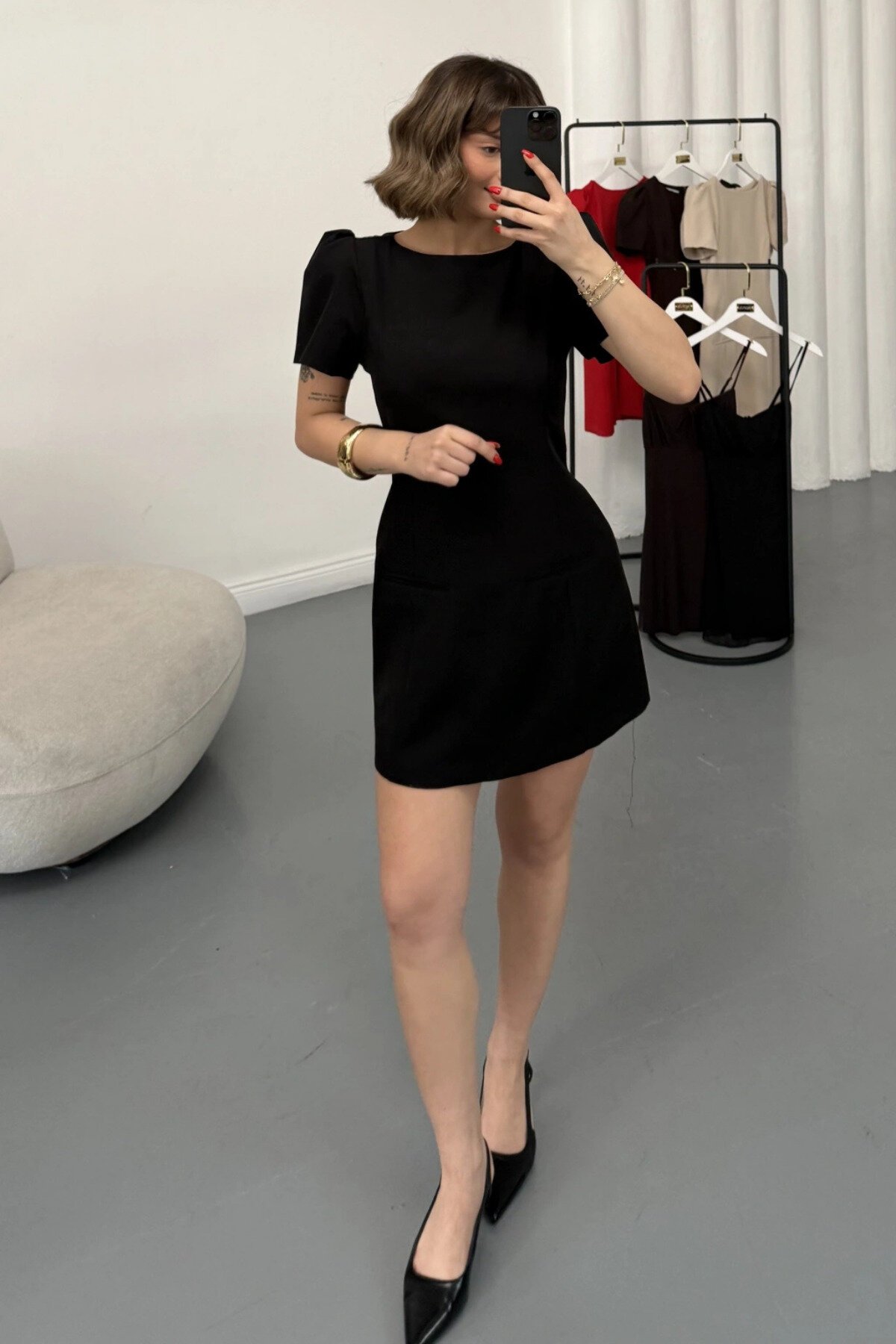Mini Puff Sleeve Pocket Detail Dress - Black - MOZENA