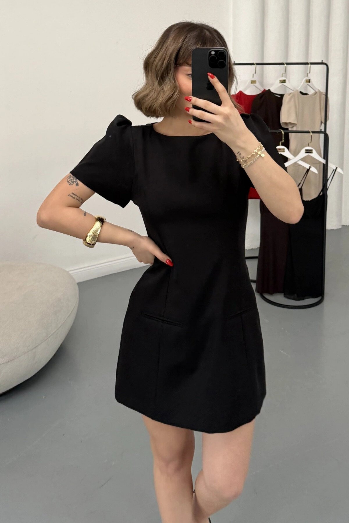 Mini Puff Sleeve Pocket Detail Dress - Black - MOZENA