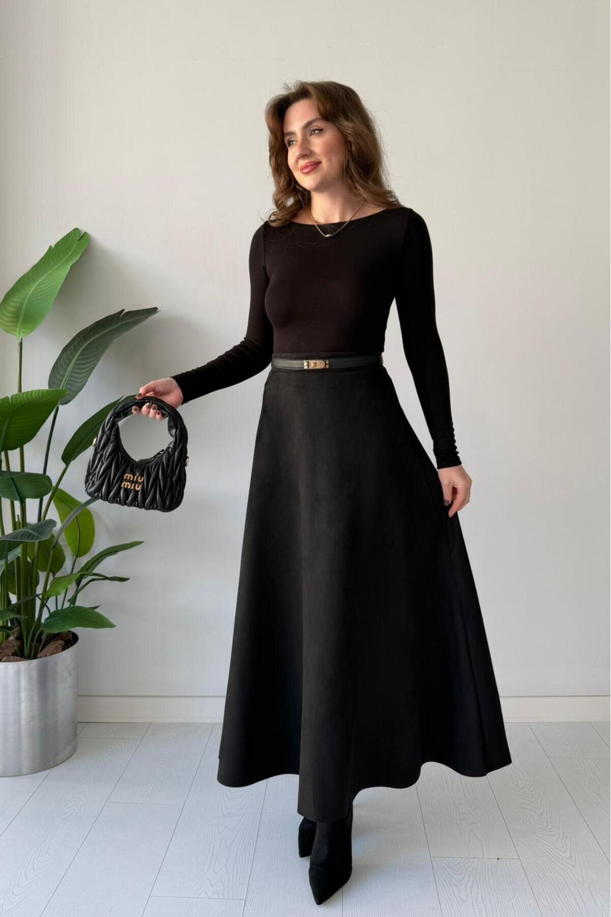 Long A-line Suede Skirt - Black - MOZENA