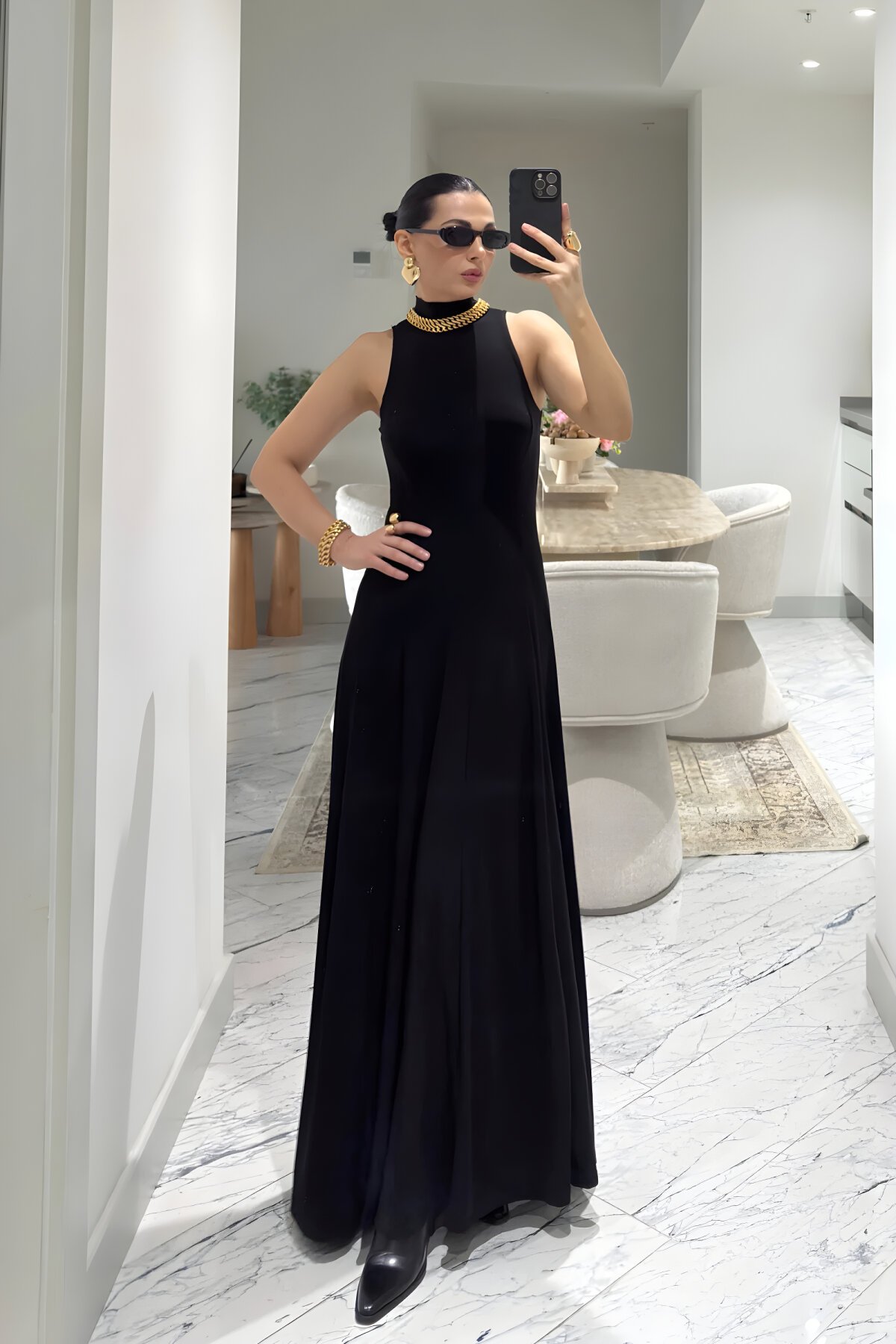 Long Flowy Sleeveless Mock Neck Evening Dress - Black - MOZENA