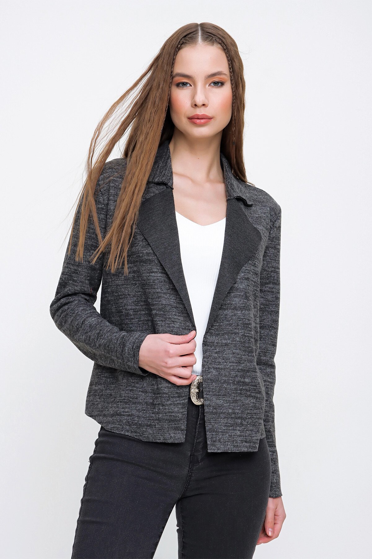 Long-Sleeve Soft Textured Knit Jacket - Anthracite - Pasaklı Giyim