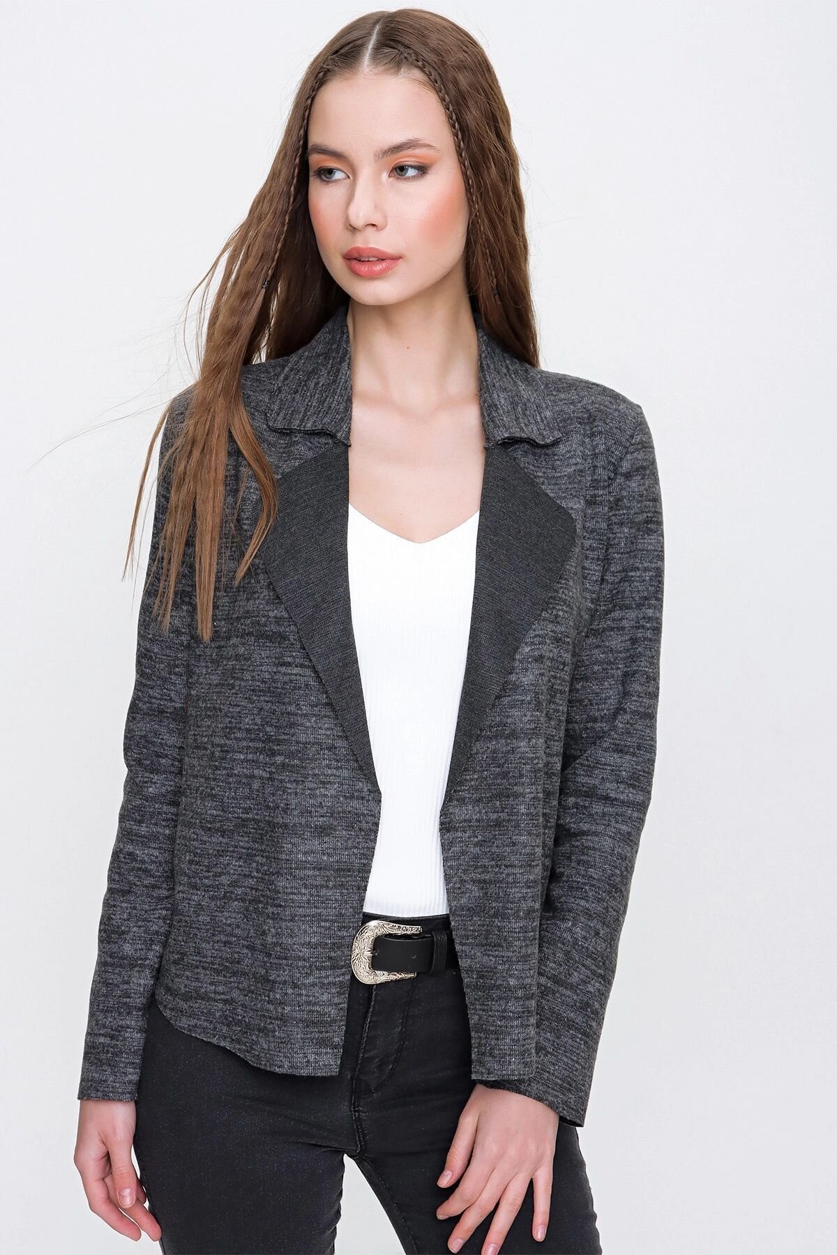 Long-Sleeve Soft Textured Knit Jacket - Anthracite - Pasaklı Giyim